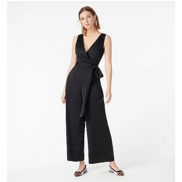 J Crew Sleeveless Satin Effect OnePiece Jumpsuit Elastic Tie Waist Pocket 6 Blue - Picture 1 of 15